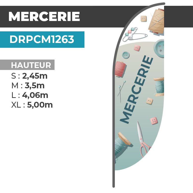 Drapeau MERCERIE | Voile + Mat | avec ou sans Pied