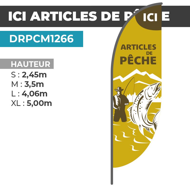Drapeau ICI ARTICLES DE PÊCHE | Voile + Mat | avec ou sans Pied