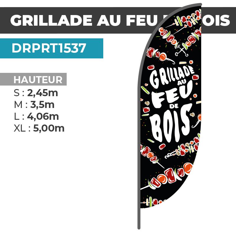 Drapeau GRILLADE AU FEU DE BOIS | Voile + Mat | avec ou sans Pied