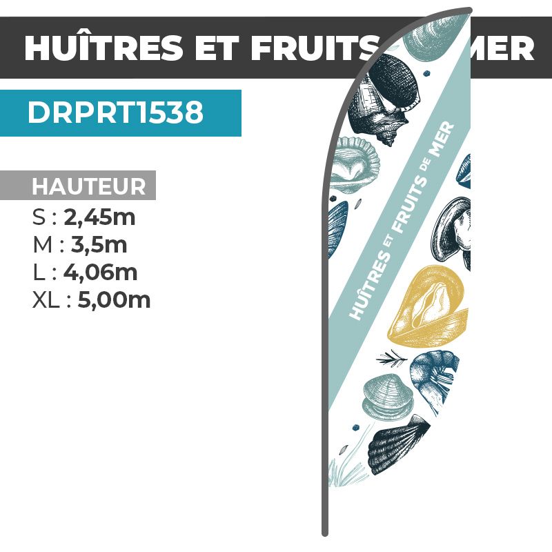 Drapeau HUÎTRES ET FRUITS DE MER | Voile + Mat | avec ou sans Pied