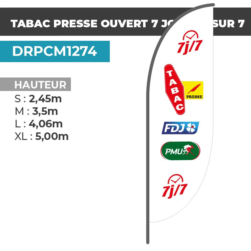 Drapeau TABAC PRESSE OUVERT 7 JOURS SUR 7 BLANC | Voile + Mat | avec ou sans Pied