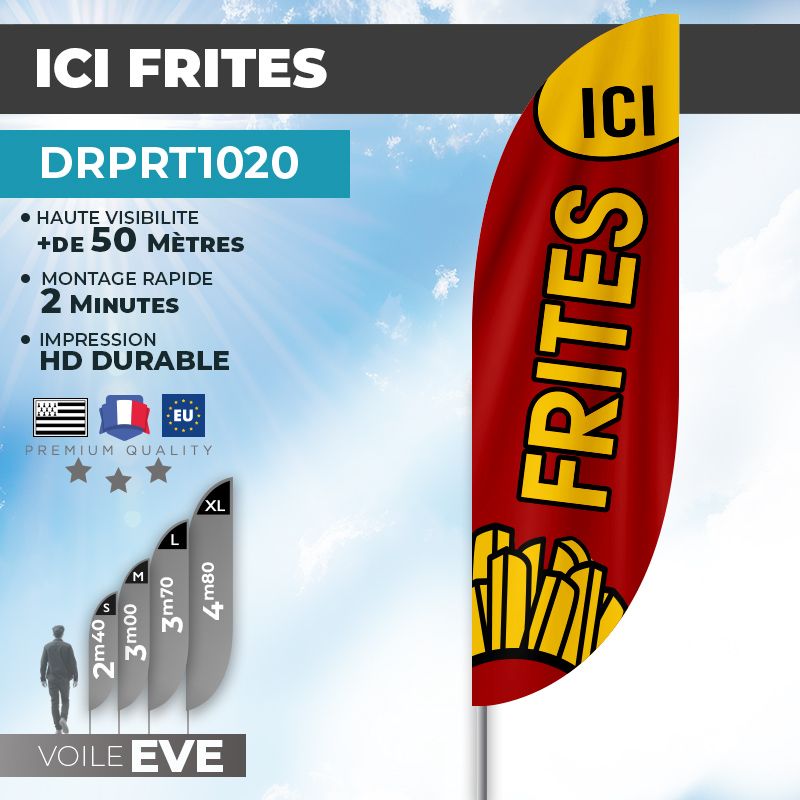 Drapeau ICI FRITES | Voile + Mat | avec ou sans Pied