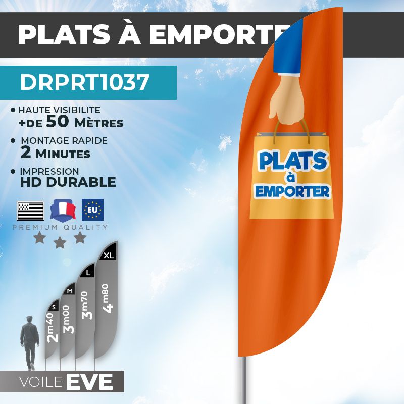 Drapeau PLATS À EMPORTER | Voile + Mat | avec ou sans Pied