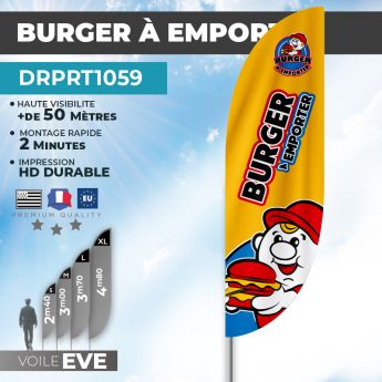 Drapeau BURGER À EMPORTER | Voile + Mat | avec ou sans Pied