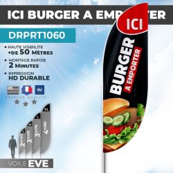 Drapeau ICI BURGER À EMPORTER | Voile + Mat | avec ou sans Pied
