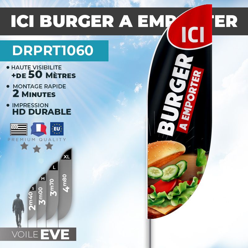 Drapeau ICI BURGER À EMPORTER | Voile + Mat | avec ou sans Pied