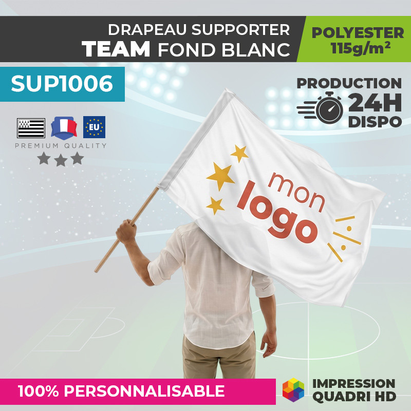Drapeau supporter personnalisé blanc mon logo avec hampe en bois
