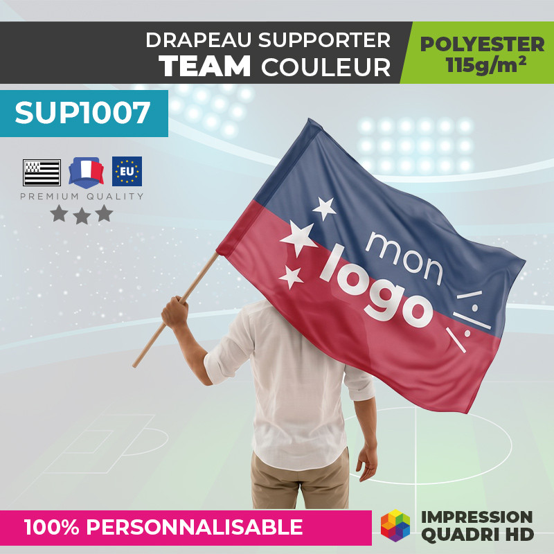 Drapeau supporter personnalisé bicolore mon logo avec hampe en bois