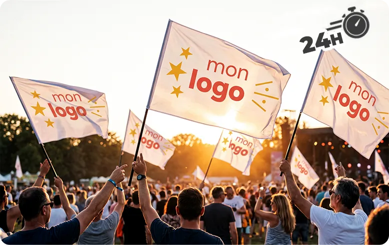 Drapeau supporter personnalisé fond blanc sur hampe, fabriqué en 24 h