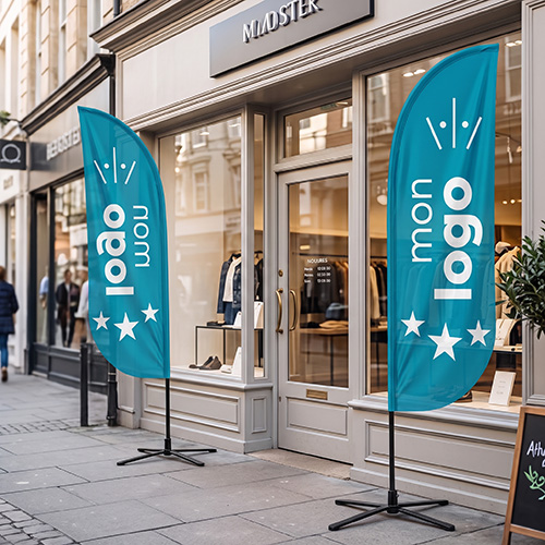 Beach flag EVE en forme de plume devant un commerce
